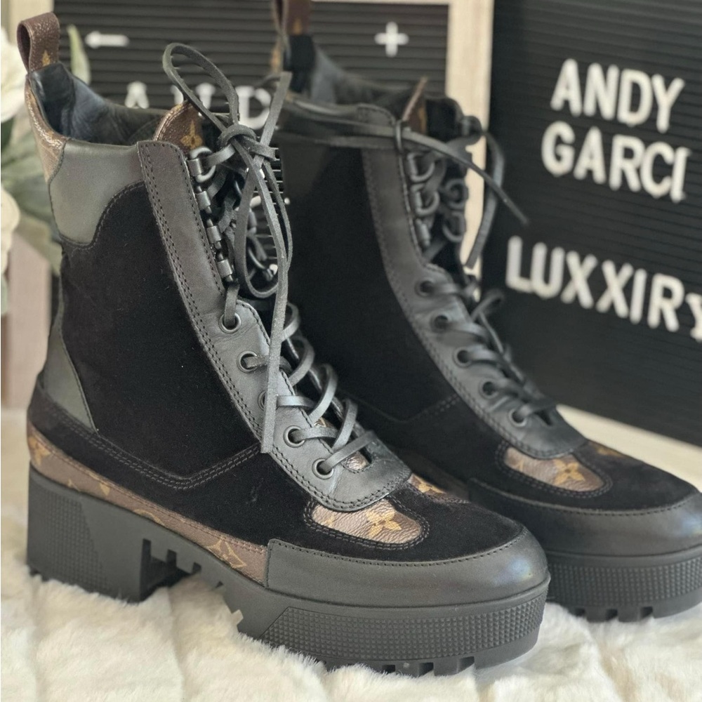 Louis Vuitton Black and Gray Combat Boots with Rugged Sole